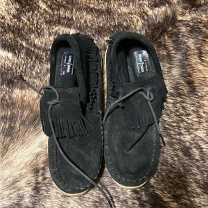 Minnetonka Black Suede Moccasin Shoes with Fringe